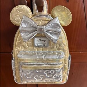 Loungefly Metallic Gold & Silver Minnie Ear Mini Backpack